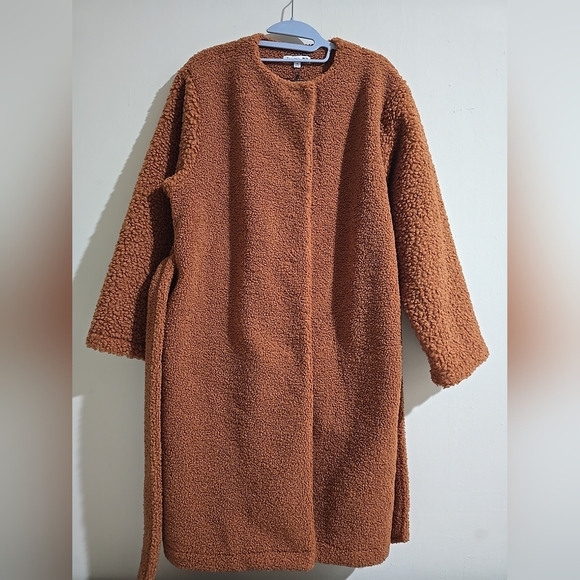 NWT Uniqlo JW Anderson Pile Lined Fleece Sherpa Collarless Coat Women Brown Med - Picture 3 of 10